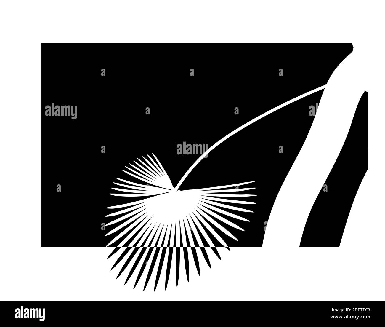 Dessin stylisé noir-blanc d'une feuille de palmier. Isolé sur un fond blanc sans maillage ni gradient. Illustration vectorielle Banque D'Images