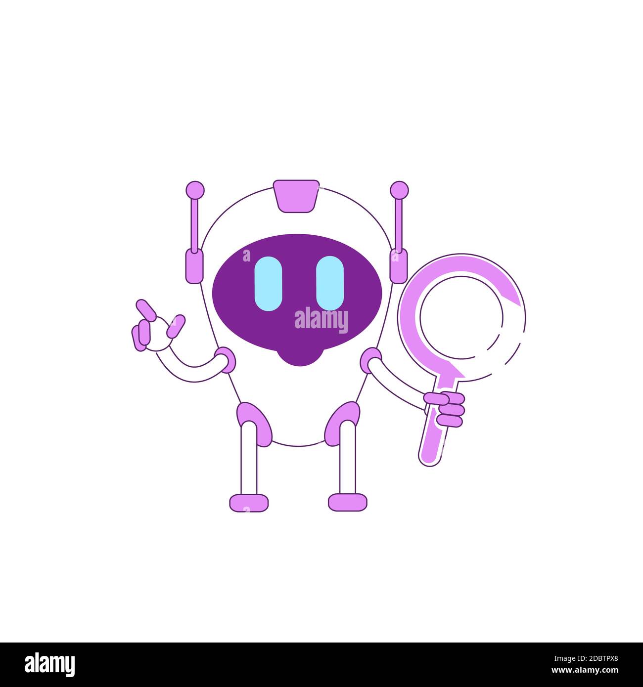 Robot moderne mignon avec loupe objet linéaire violet. Symbole de ligne