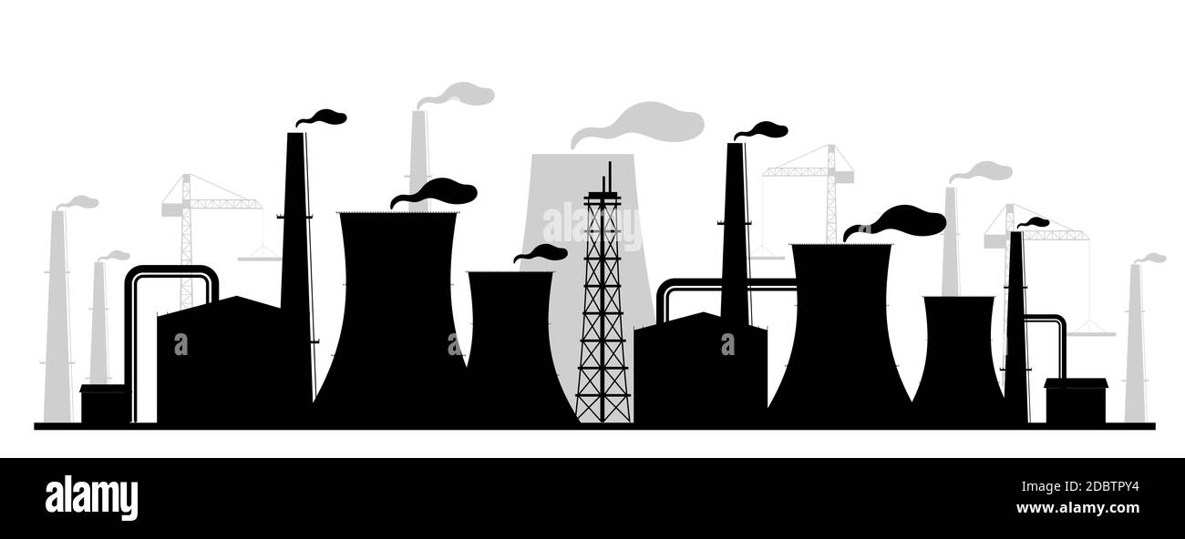 Illustration du vecteur silhouette noir de la centrale électrique. Paysage monochrome d'installation industrielle. Station d'énergie atomique en forme de dessin animé 2d avec réacteurs et c Banque D'Images