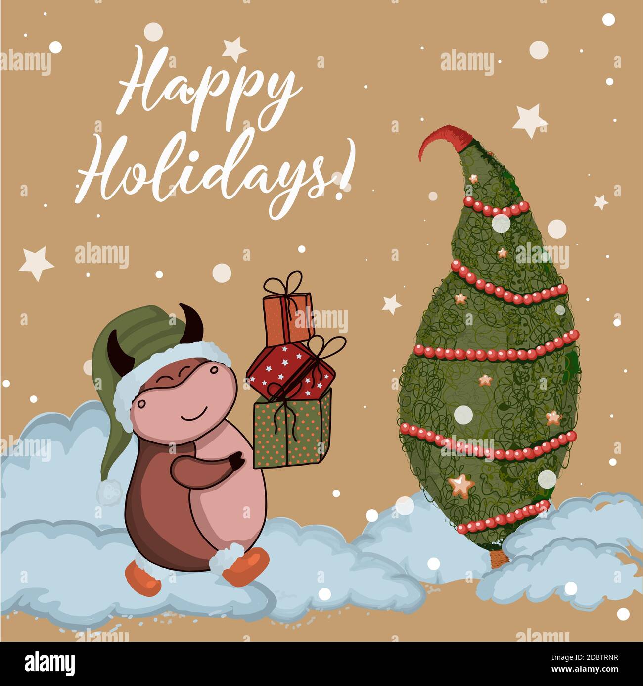 Le taureau est le symbole de 2021. Carte postale Happy Holidays. Illustration mignonne d'un bœuf dans un costume de père noël. Banque D'Images