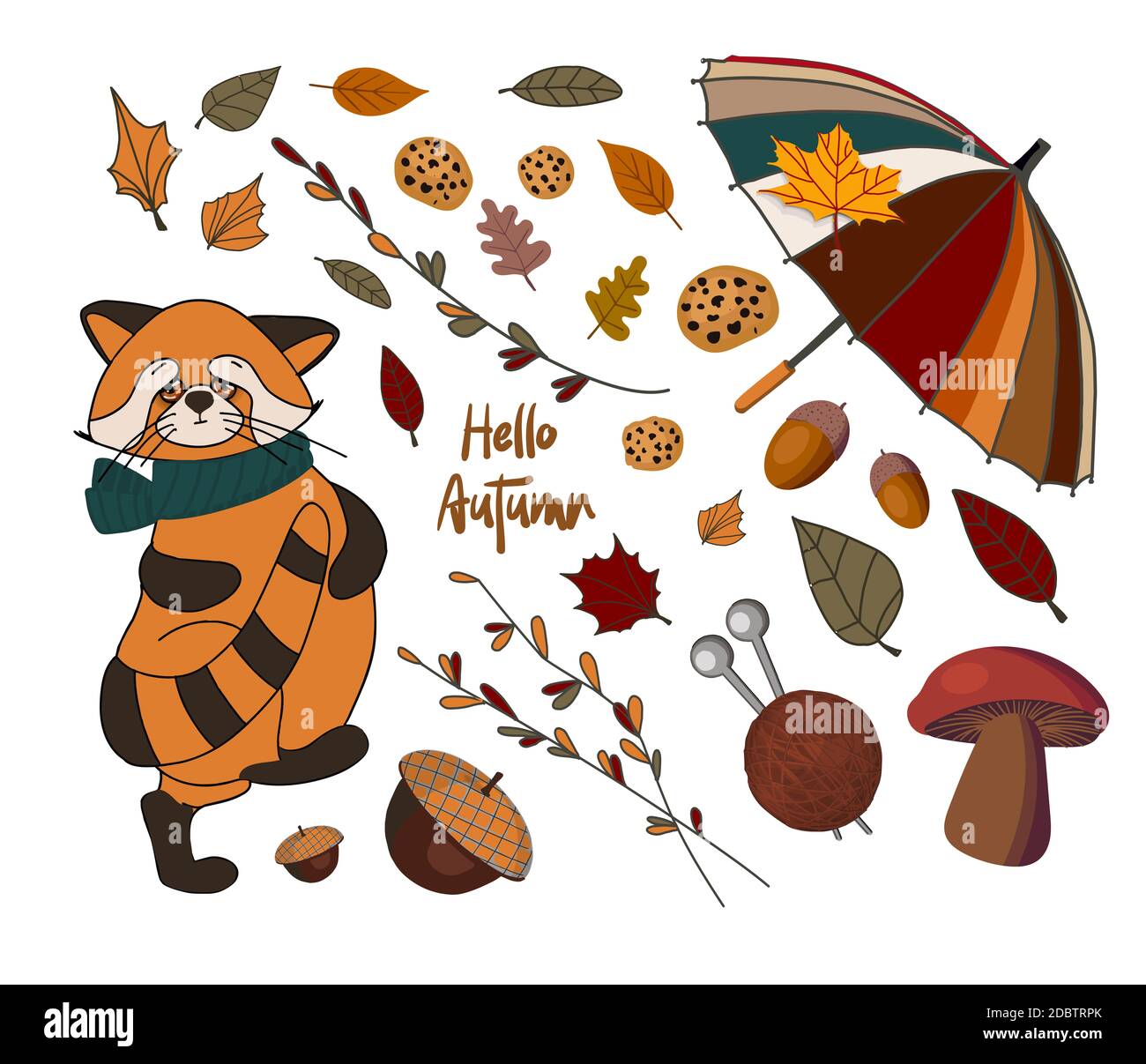 Ensemble vectoriel d'icônes d'automne : panda rouge, feuilles en chute, nourriture confortable, noix, champignons et citrouille. Collection de scrapbook d'éléments de saison d'automne. Lumineux Banque D'Images