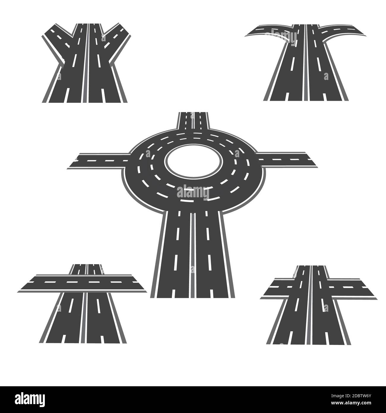 Ensemble de différentes sections de la route avec des intersections de rond-point, et une variété de différents angles à long terme. Illustration vectorielle Banque D'Images