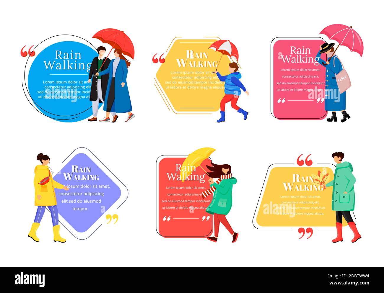 Jeu De Guillemets De Caractere Vecteur Couleur Plat De Marche De Pluie Temps Humide Les Caucasiens Hommes Et Femmes Avec Parasols Modele De Cadre Vide De Citation Vitesse Photo Stock Alamy