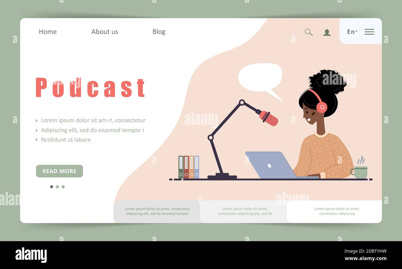 Modèle de page d'accueil de podcast. Entretien avec l'hôte radio. Diffusion en ligne. Illustration de Vecteur