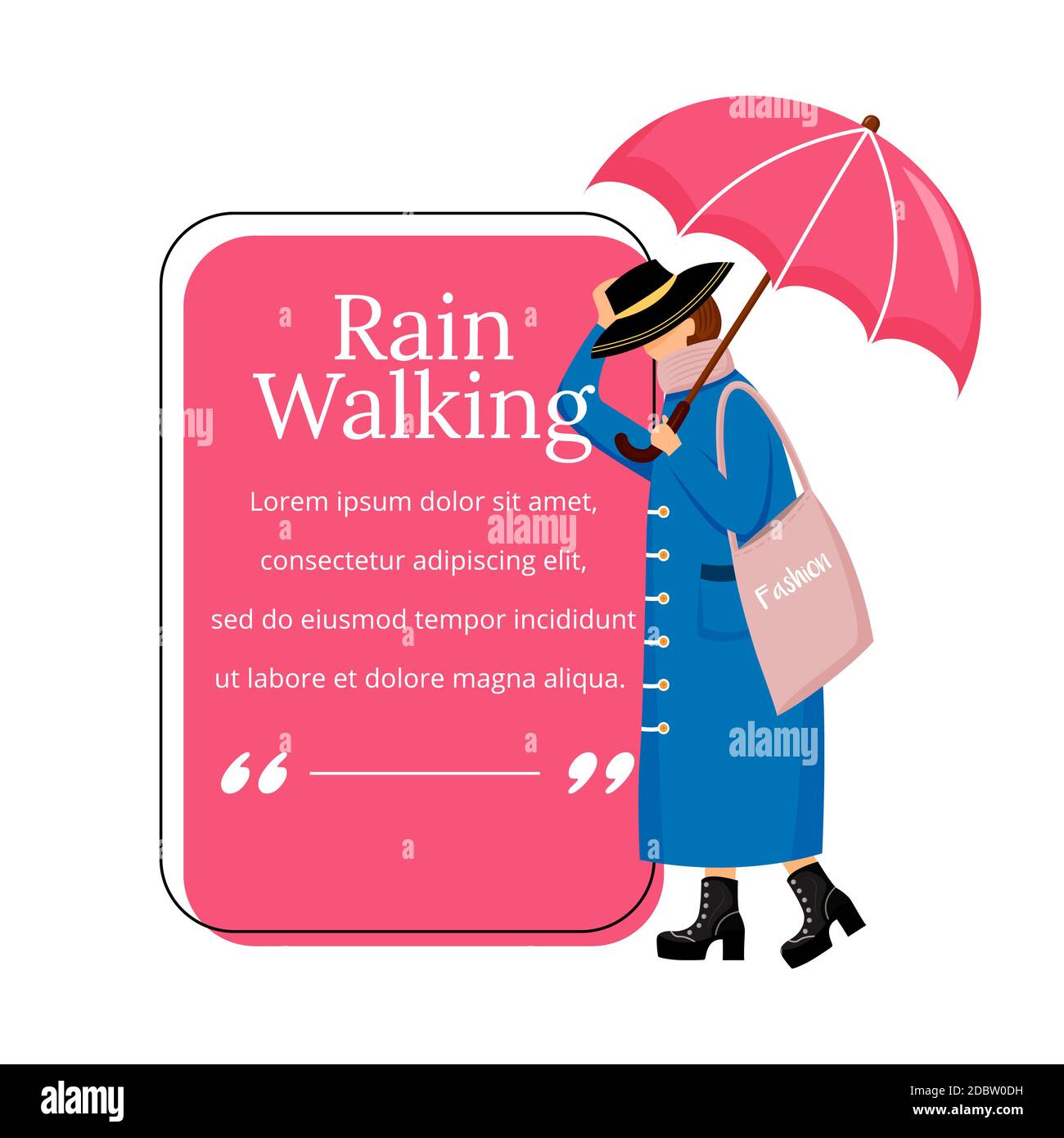 Texte Rain Walking Flat Colour Vector Femme A La Mode Sur Les Talons Temps Humide Femme Avec Parapluie Modele De Cadre Vide De Citation Discours B Photo Stock Alamy