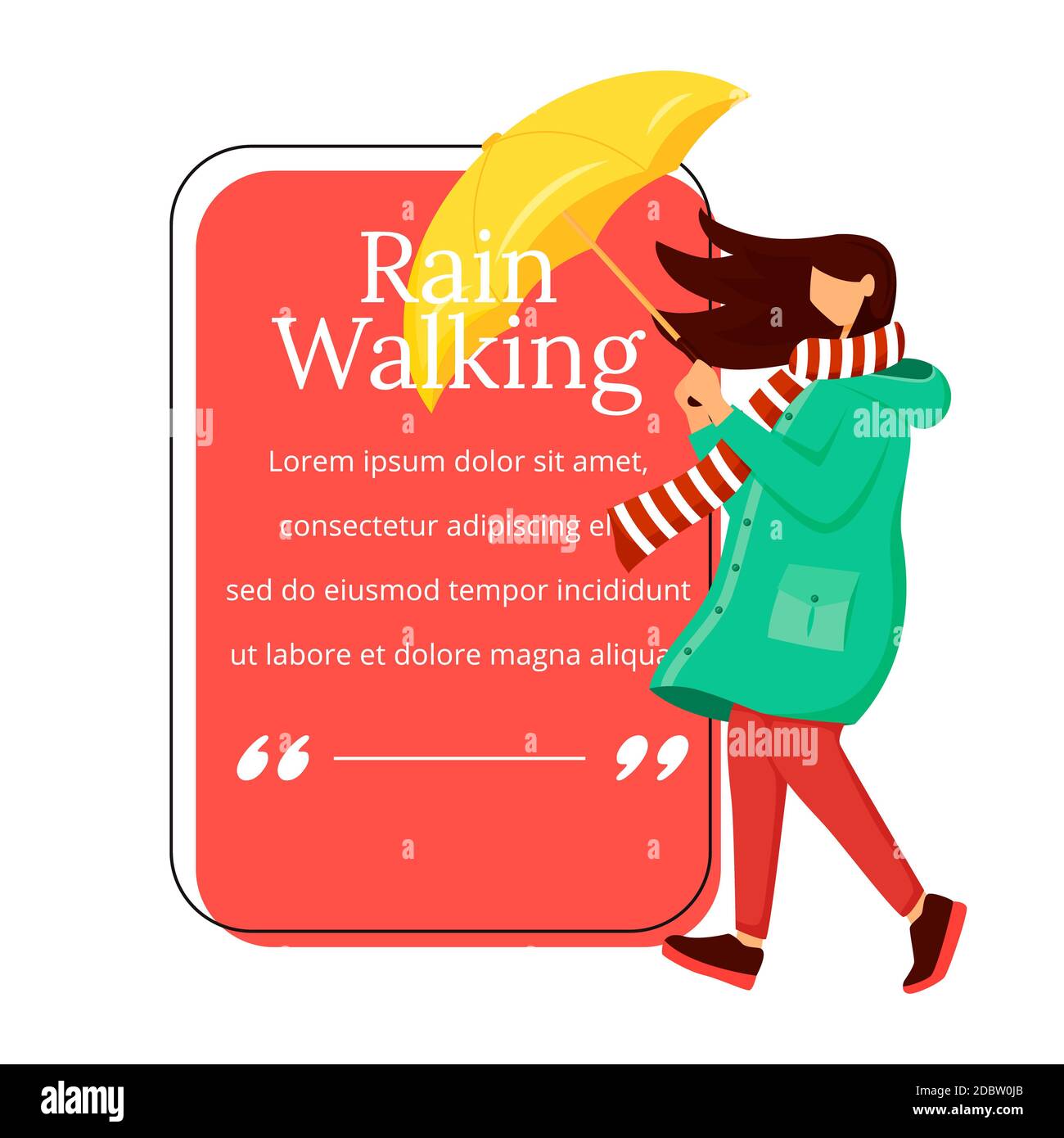 Texte Rain Walking Flat Colour Vector Temps Humide Femme Caucasienne En Impermeable Femme Avec Parapluie Modele De Cadre Vide De Citation Discours Photo Stock Alamy