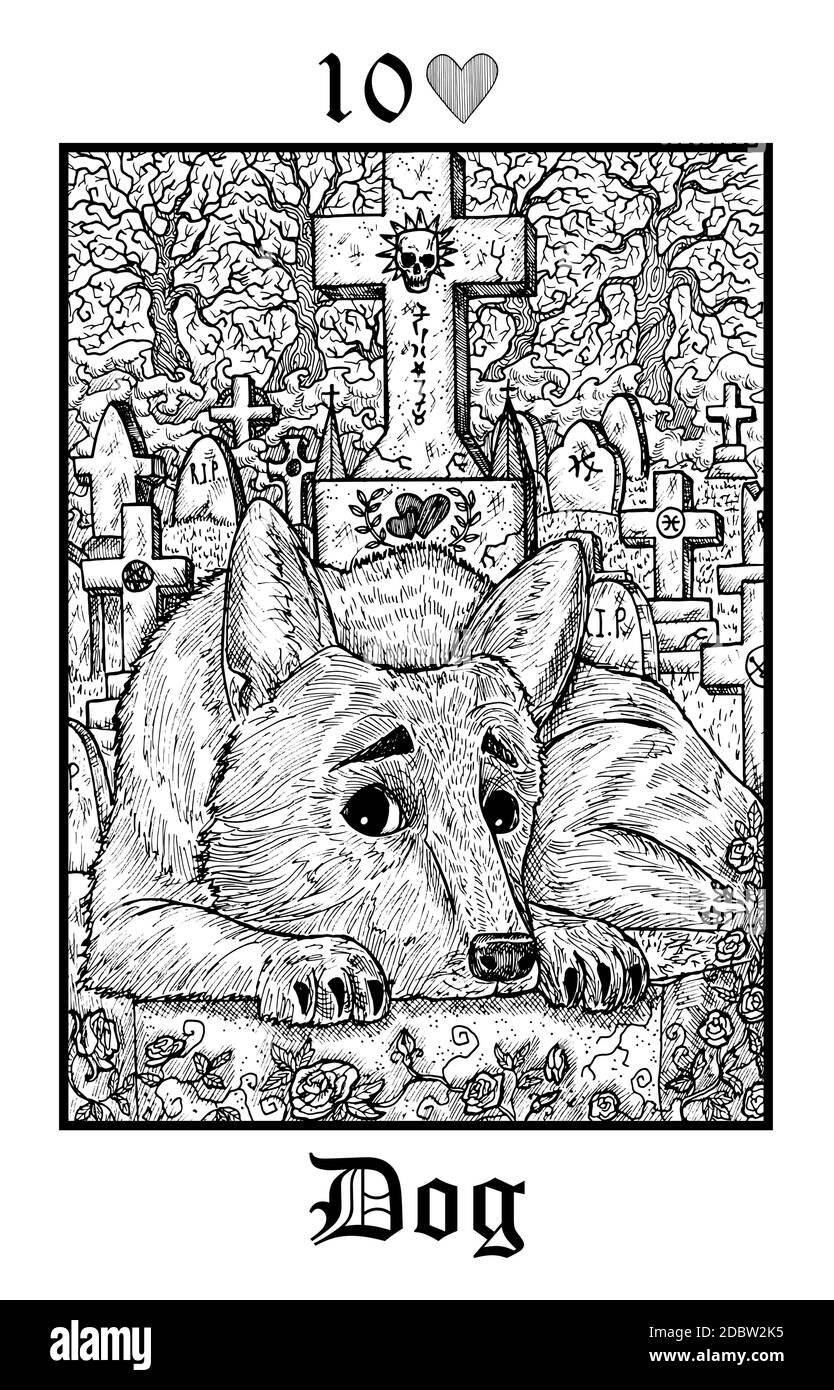 Chien. Carte de Tarot du vecteur Lénormand Gothique Mystères oracle deck. Illustration gravée en noir et blanc. Dessin d'art de ligne mystique et fantaisie. Gothique Illustration de Vecteur