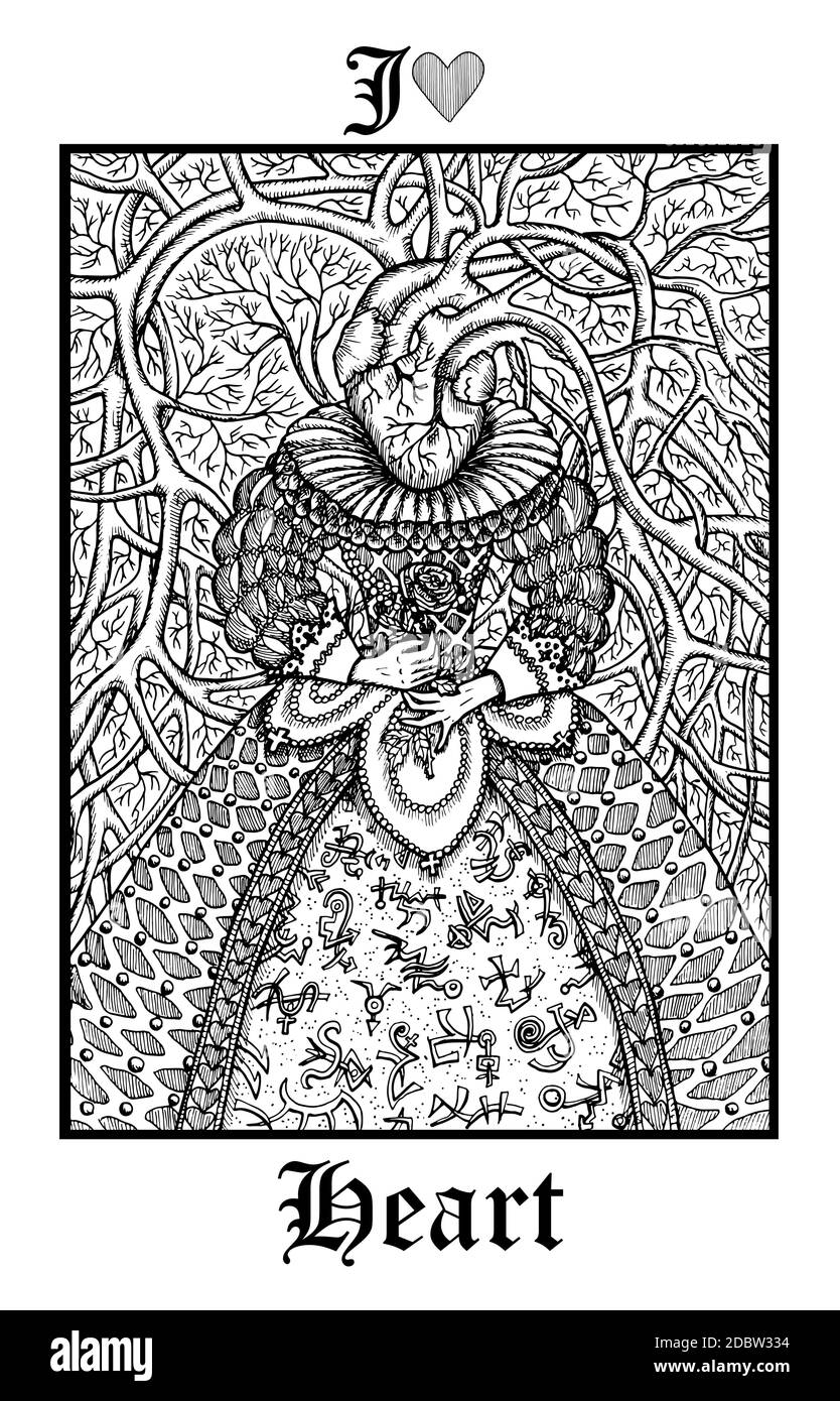 Cœur. Carte de Tarot du vecteur Lénormand Gothique Mystères oracle deck. Illustration gravée en noir et blanc. Dessin d'art de ligne mystique et fantaisie. Goth Illustration de Vecteur