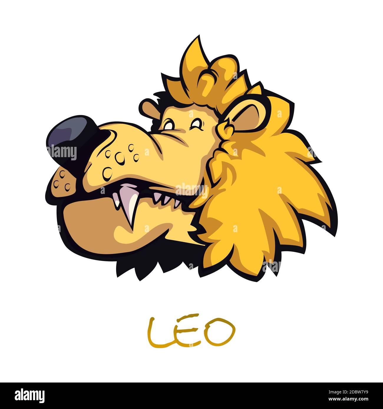 Illustration vectorielle de dessin animé plate du signe zodiaque de Lion. Objet céleste à tête de lion. Horoscope astrologique symbole du feu caractéristiques, animal sauvage de la jungle e Banque D'Images