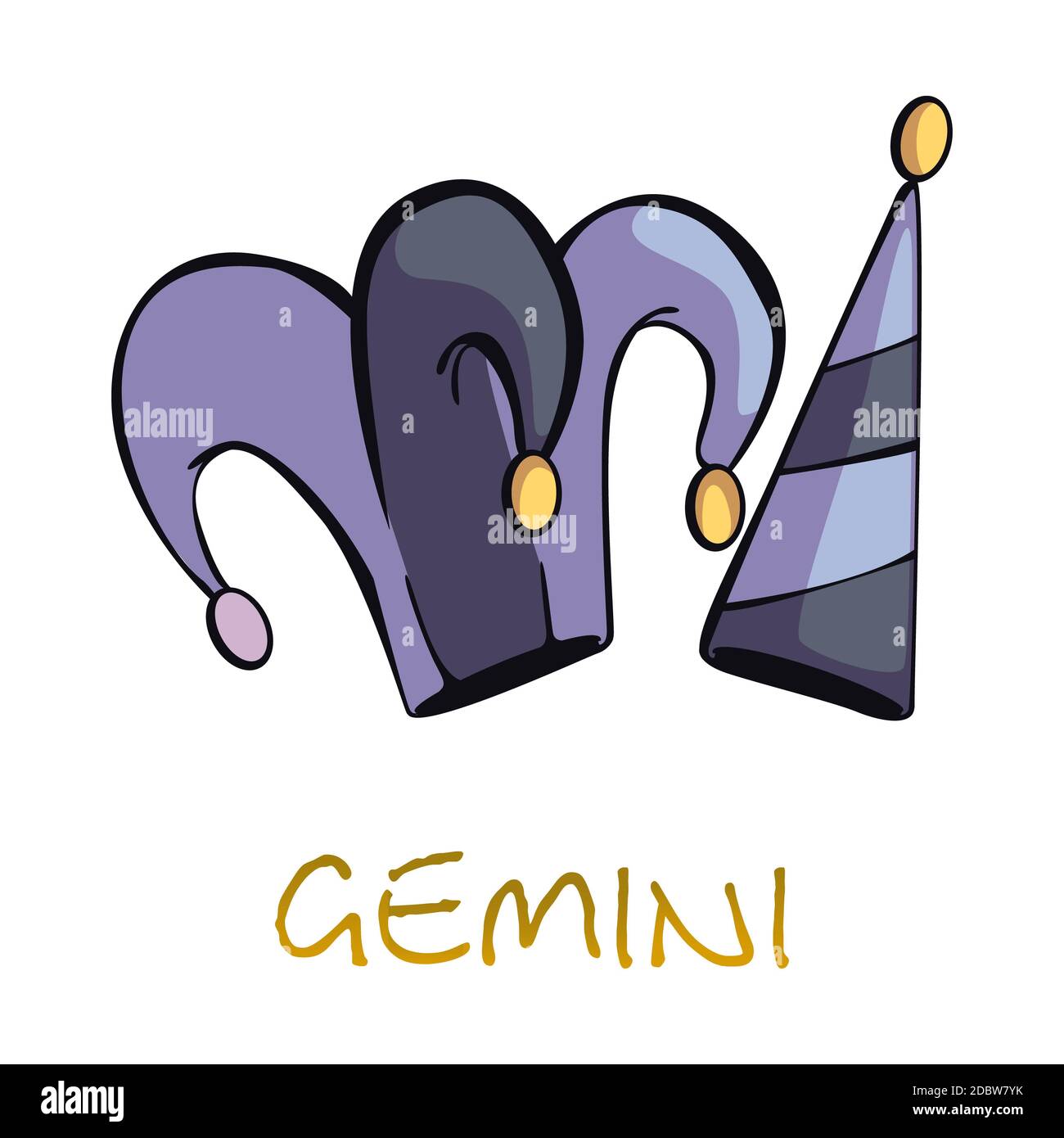 Accessoire de signe de zodiaque Gemini dessin animé plat illustration vectorielle. Chapeaux de Jester, objet de coiffures de clown. Symbole astrologique de l'air, costume de joker médiéval ele Banque D'Images