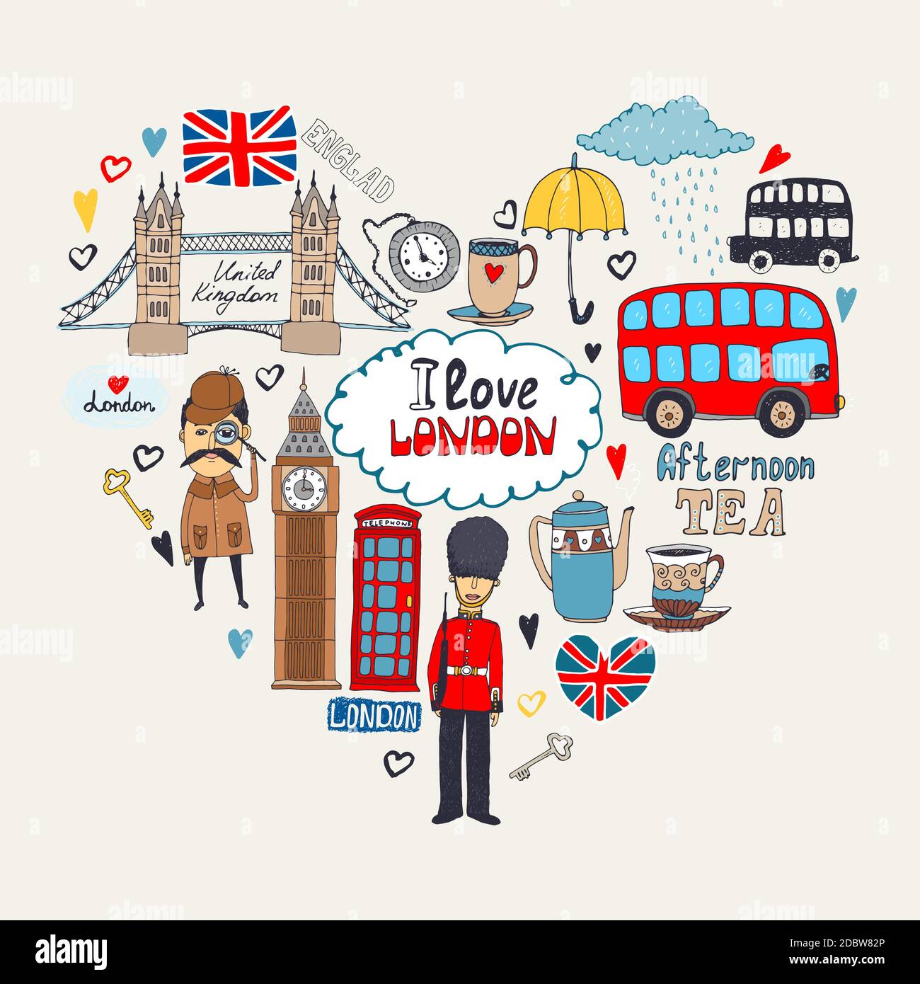 Londres dans mon coeur ou I Love London Card design avec des icônes de repère disposées en forme de cœur, y compris un beefeater Sherlock Holmes Big Ben Tower BRI Illustration de Vecteur