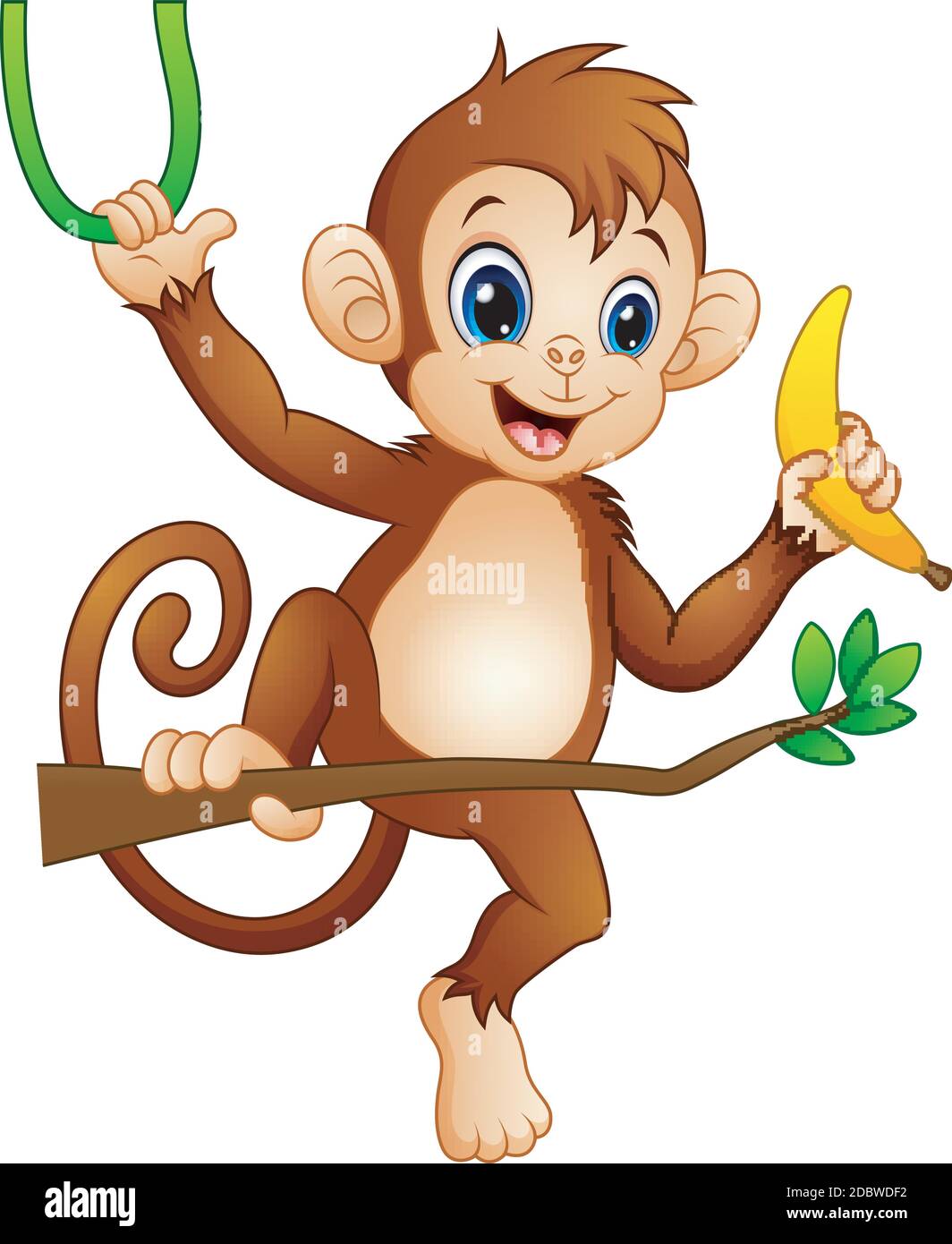 Illustration vectorielle du singe de dessin animé sur un arbre de branche et tenir la banane Illustration de Vecteur