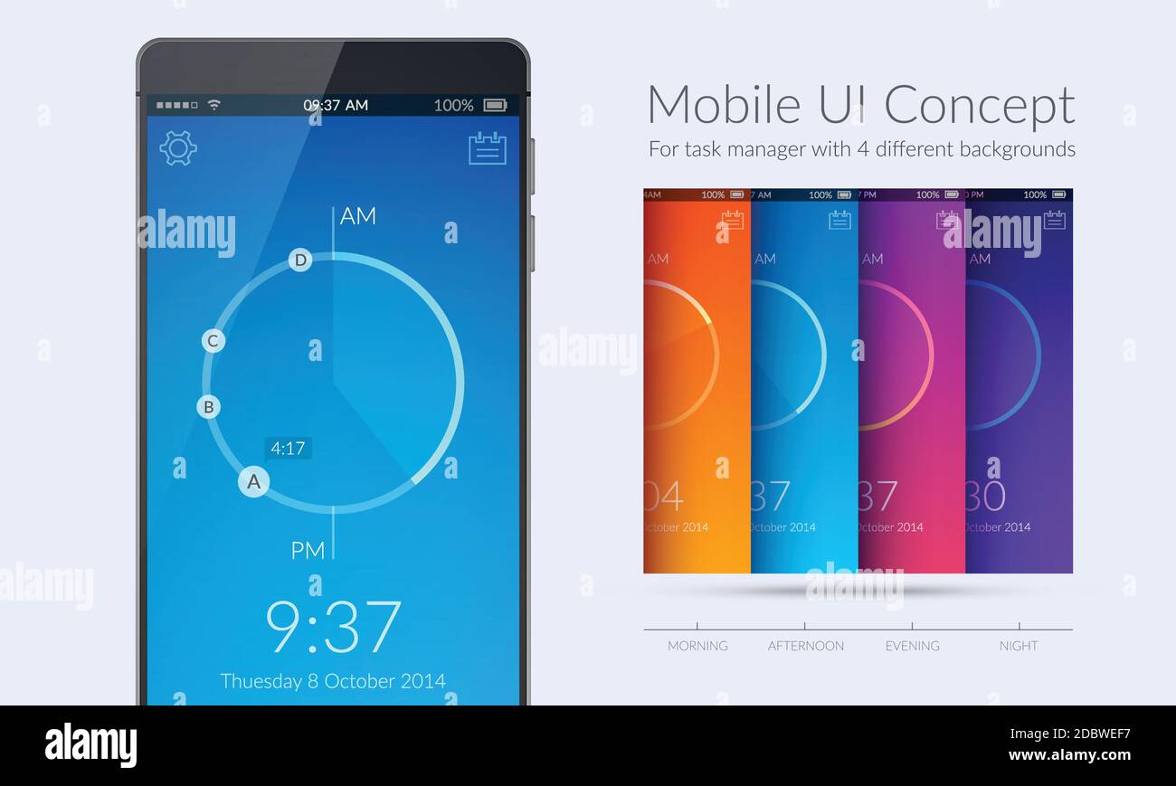 Concept de kit d'interface utilisateur mobile pour le gestionnaire de tâches avec quatre différents illustration vectorielle plate avec arrière-plans colorés Illustration de Vecteur