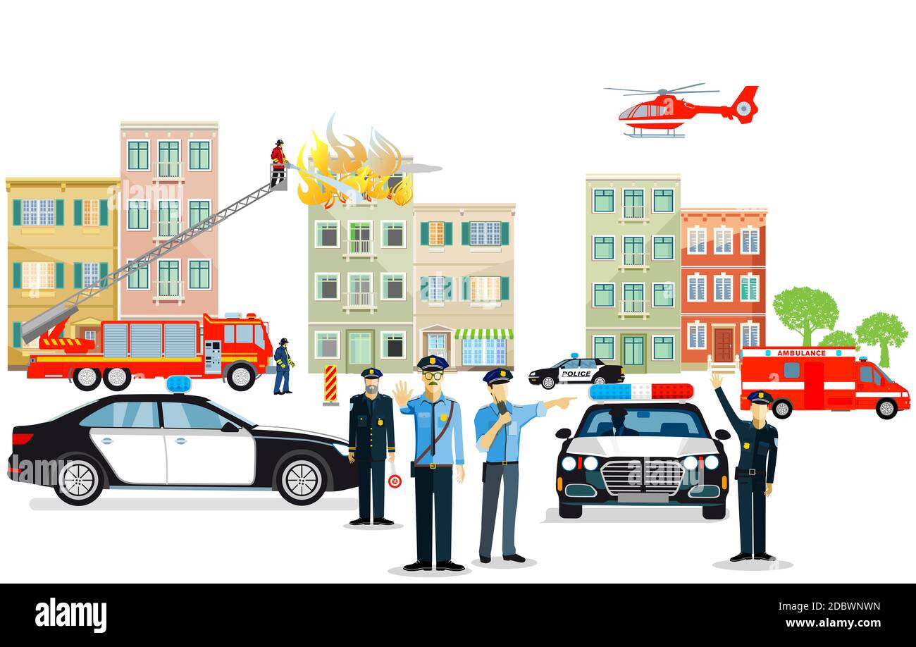 Opération de police et service d'incendie avec ambulance Banque D'Images
