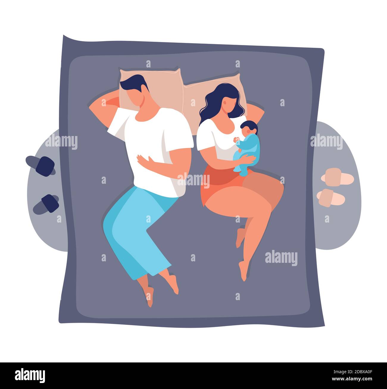 Une jeune famille dort avec un bébé. Papa et maman dorment sur le lit, embrassant le bébé, vue du dessus. Illustration vectorielle plate isolée sur fond blanc Illustration de Vecteur