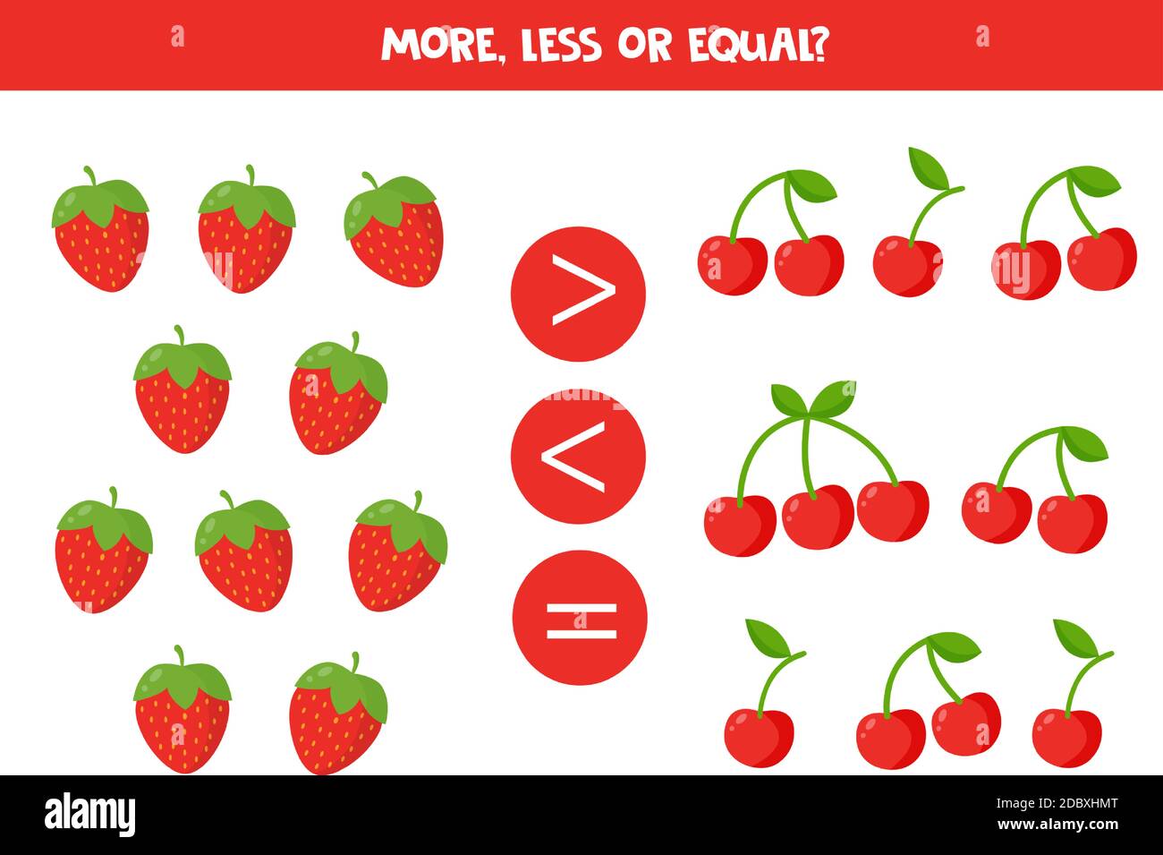 Comptez toutes les fraises et les cerises. Comparer les chiffres. Illustration de Vecteur