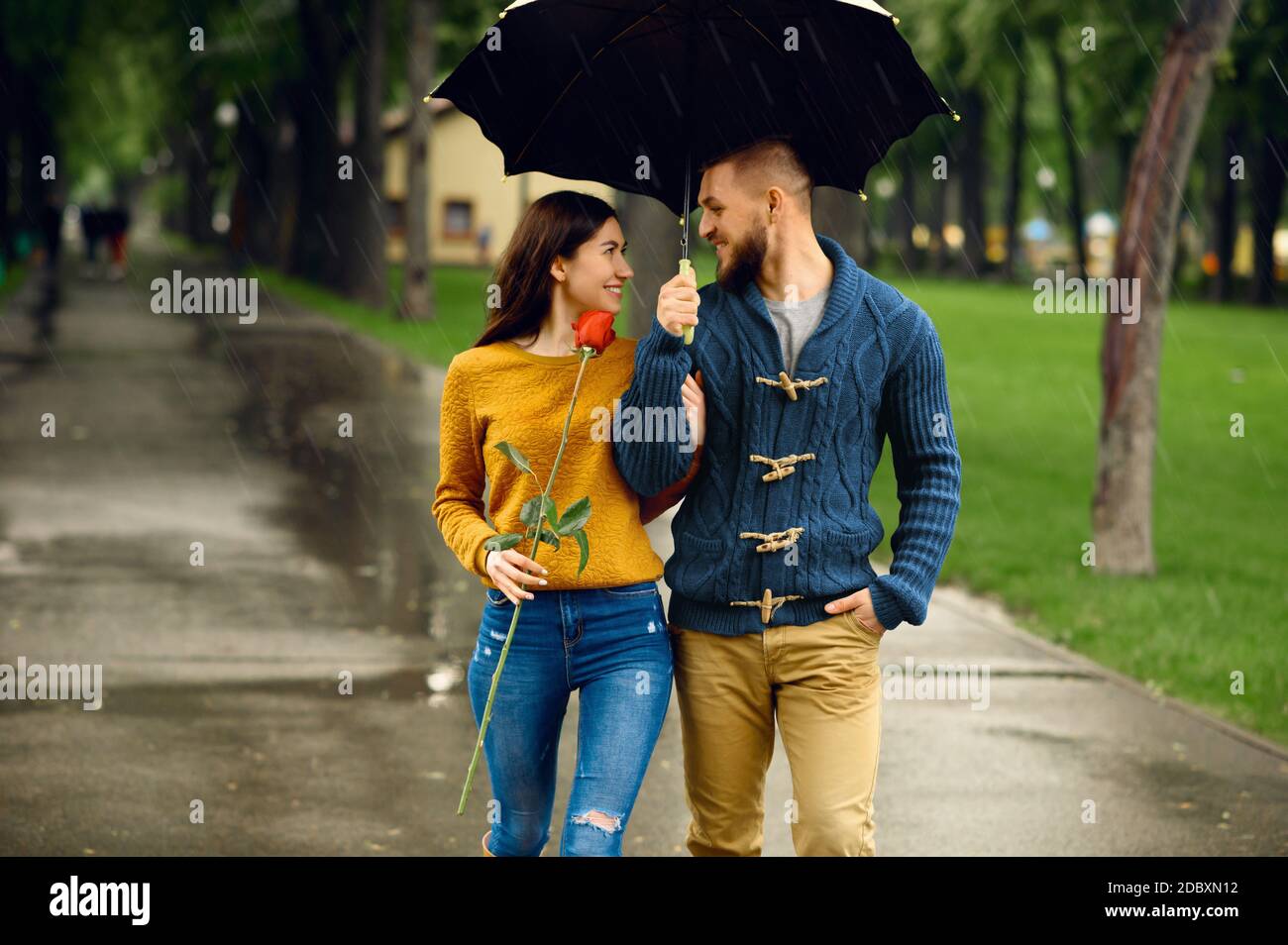 Couple romantique avec marche avec parasol dans le parc d'été par temps  pluvieux. Homme et femme avec une rose sur un sentier de randonnée sous la  pluie, temps humide dans une allée