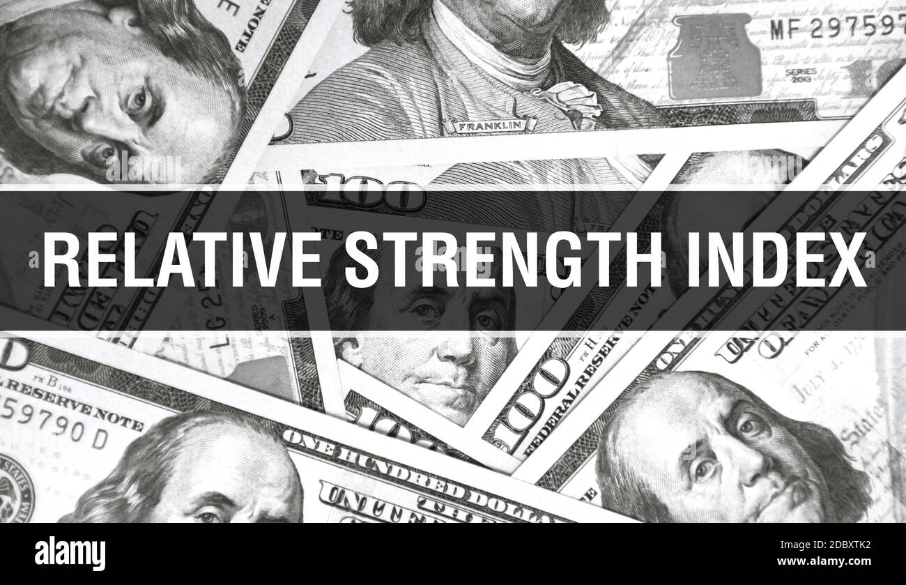Gros plan sur le concept de texte d'indice de force relative. Dollars américains argent comptant, rendu 3D. Indice de force relative au billet en dollars. Finances États-Unis mone Banque D'Images