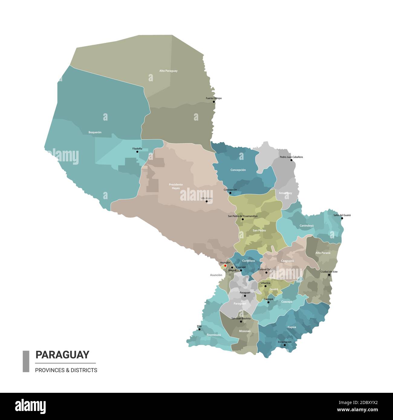 Paraguay higt carte détaillée avec subdivisions. Carte administrative du Paraguay avec le nom des districts et des villes, colorée par les Etats et le dist administratif Illustration de Vecteur