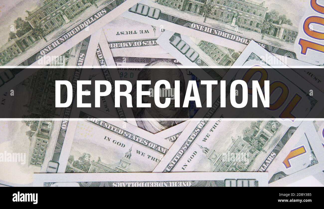 Gros plan sur le concept de texte d'amortissement. Dollars américains argent comptant, rendu 3D. Dépréciation au billet en dollars. Financial USA billet de banque commercial Banque D'Images