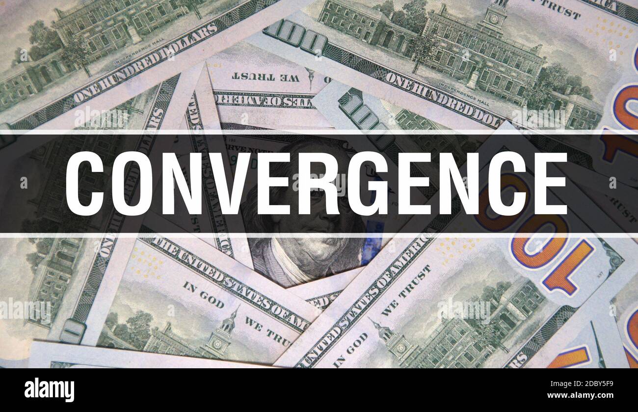 Gros plan sur le concept de texte de convergence. Dollars américains argent comptant, rendu 3D. Convergence au dollar Banknote. Financial USA billet de banque commercial Mo Banque D'Images