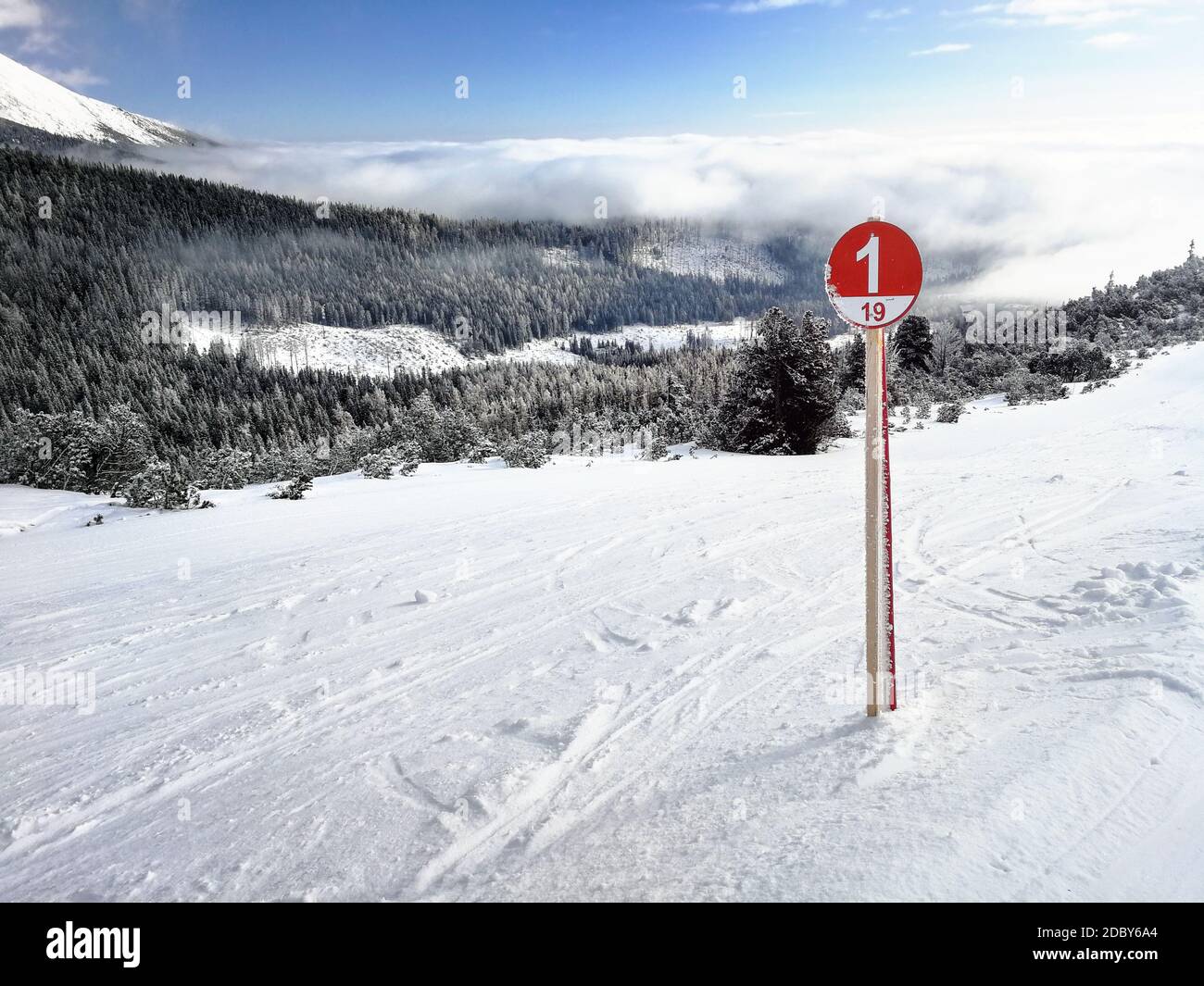 1 route de ski rouge signe sur la neige fraîche avec des forêts couvertes de neige et le ciel en arrière-plan. Ski Strbske Pleso, Slovaquie Banque D'Images