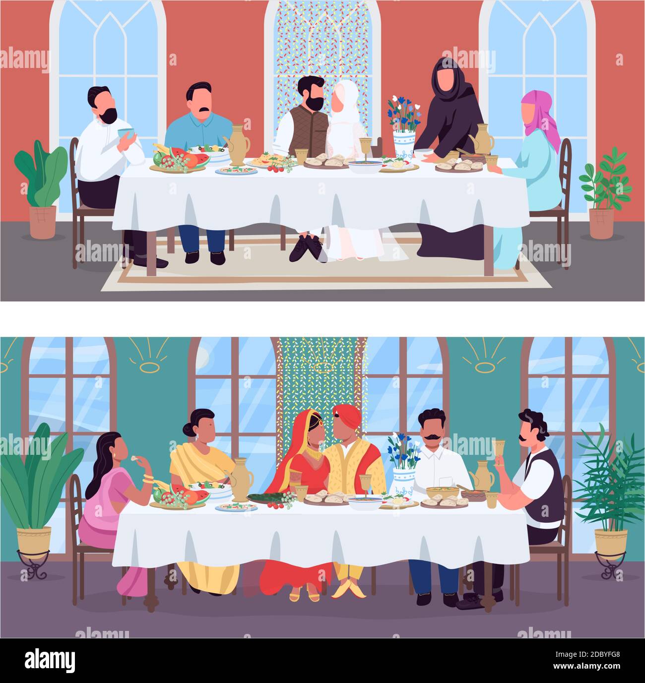 Ensemble d'illustrations vectorielles couleur plat pour le dîner de mariage oriental traditionnel Illustration de Vecteur