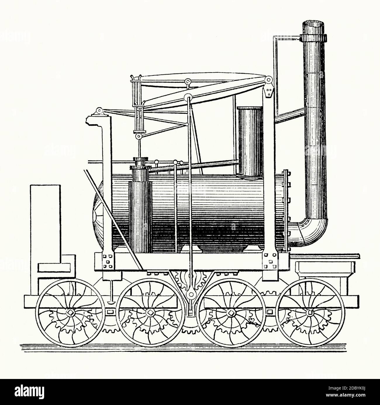 Une ancienne gravure de la locomotive de William Hedley de 1813. Il est issu d'un livre victorien d'ingénierie mécanique des années 1880. William Hedley (1779–1843) était l'un des principaux ingénieurs industriels du début des années 1800. Il a construit la première locomotive à vapeur pratique (pour la mine de charbon Wylam, Northumberland, Angleterre, Royaume-Uni) qui s'appuyait simplement sur l'adhérence des roues en fer sur les rails en fer. Ce moteur avait une chaudière de retour et avait huit roues motrices d'un engrenage central. Ce moteur a été appelé «Puffing Billy» – il a été plus tard configuré pour fonctionner sur 4 roues et a continué à fonctionner jusqu'en 1862. Banque D'Images