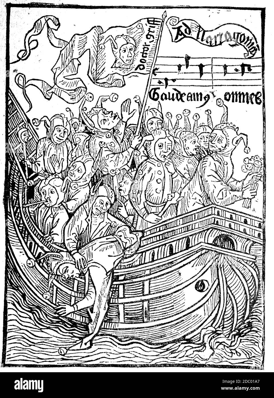 Navire de Fools, allégorie satirique en verset allemand publié en 1494 à Bâle, Suisse, par l'humaniste et théologien Sebastian Brant / Das Narrenschiff des Sebastian Brant, 1457–1521, 1494 gedruckt von Johann Bergmann von Olpe à Bâle, wurde das erfolgreichste deutschachige Buch der Revor, formation historique, Digital reproduction améliorée d'un original du 19ème siècle / digitale Reproduktion einer Originalvorlage aus dem 19. Jahrhundert Banque D'Images