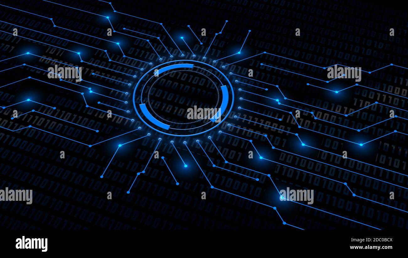 Concept de sécurité numérique - anneaux concentriques au centre des lignes du circuit de données devant un écran de code binaire - éléments graphiques de couleur bleue sur fond noir Banque D'Images