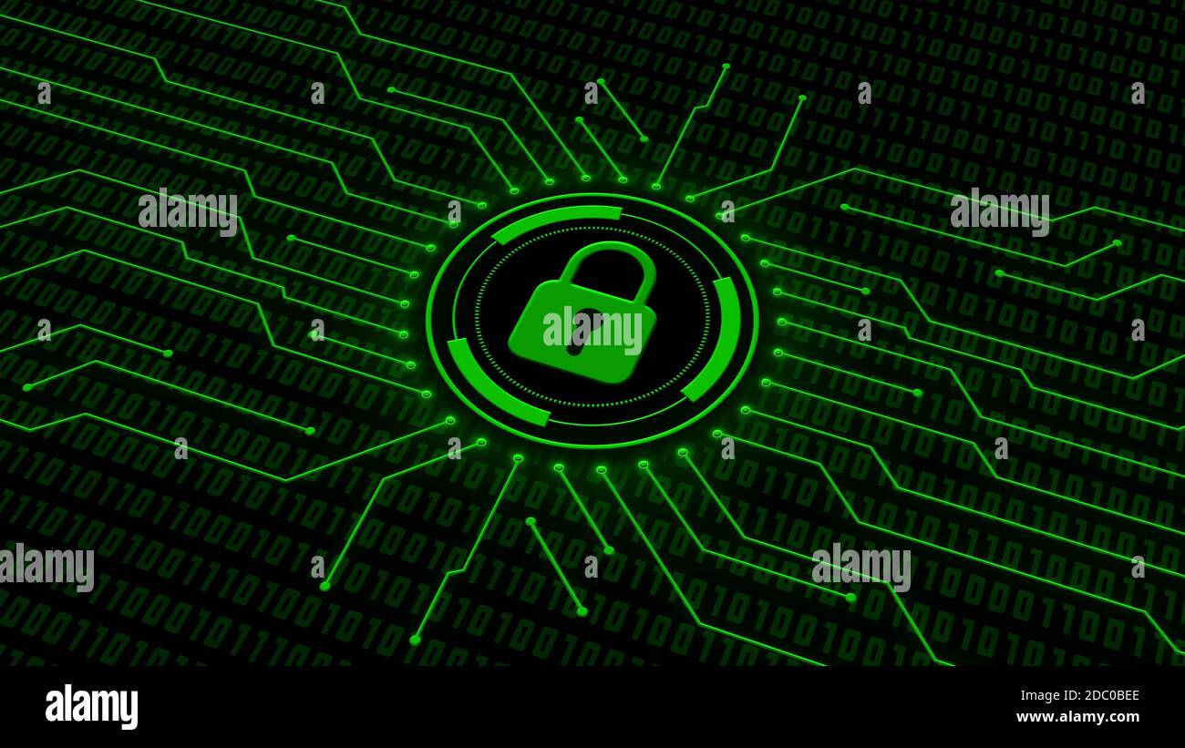 Concept de sécurité numérique - cadenas fermé au centre des anneaux concentriques et des lignes de circuit de données devant un écran de code binaire - éléments graphiques en vert sur fond noir Banque D'Images