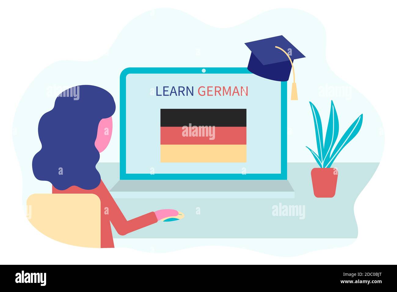 Apprentissage allemand en ligne, concept d'enseignement à distance. Formation linguistique et cours. Une étudiante étudie des langues étrangères sur un site Web dans un ordinateur portable Illustration de Vecteur