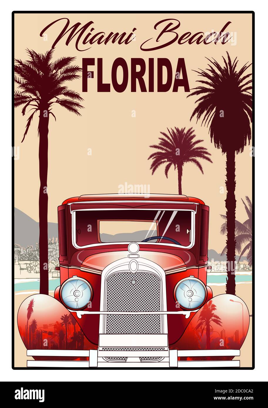Affiche Florida, Miami avec vieille voiture - illustration vectorielle Illustration de Vecteur