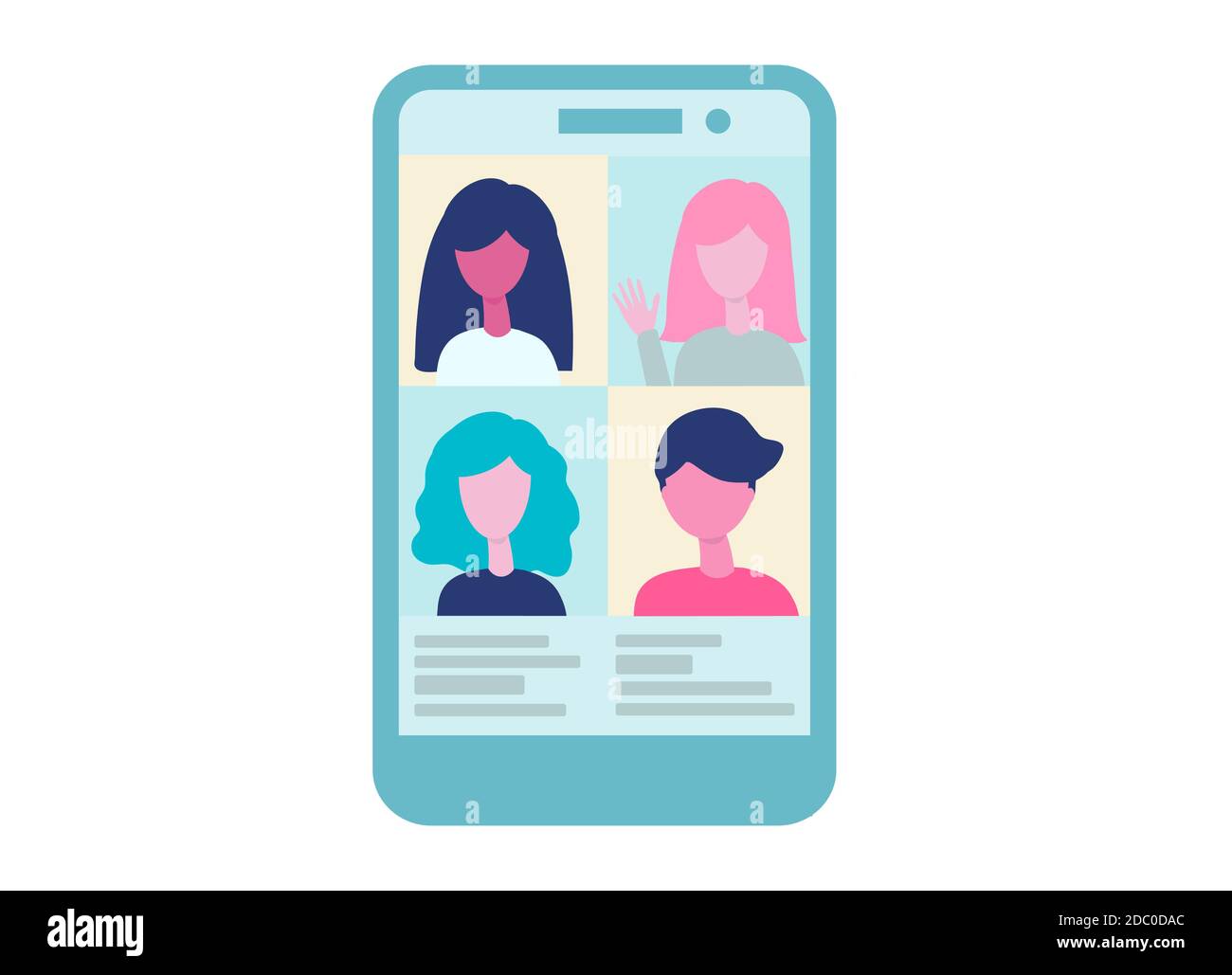Vidéoconférence en ligne sur l'application mobile. Concept de réunion virtuelle. Groupe de personnes sur l'écran du téléphone parler, communication en ligne, éducation, à distance Illustration de Vecteur