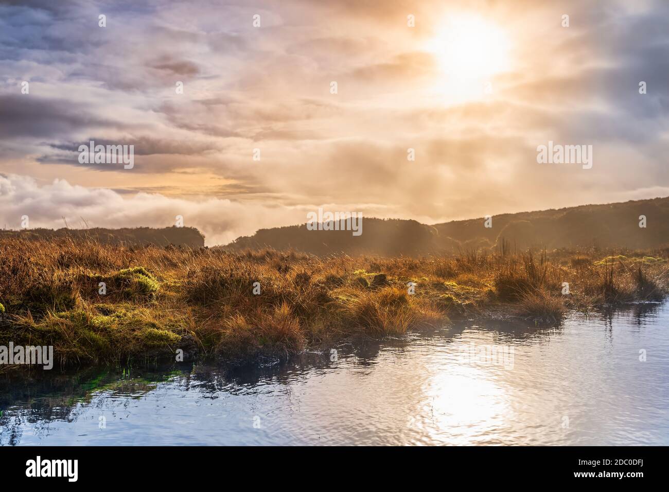 Brouillard, brume et ciel spectaculaire sur un marais ou un marais avec le soleil se reflétant dans un lac. Paysage spectaculaire des montagnes de Wicklow, Irlande Banque D'Images