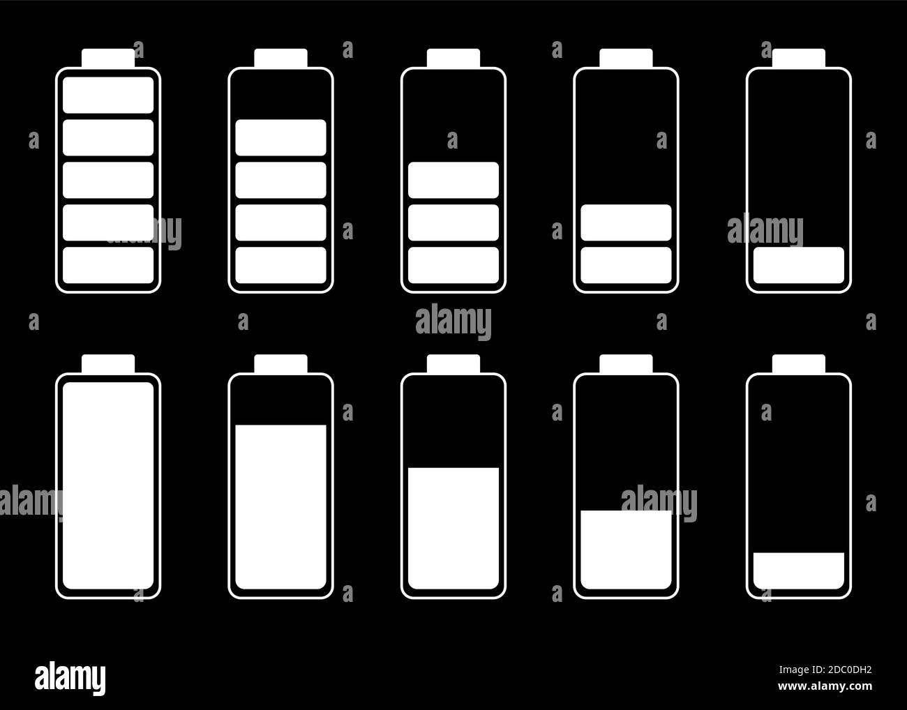 Ensemble d'indicateurs de niveau de charge de la batterie blancs sur fond noir. SPE 10 Illustration de Vecteur Ensemble d'indicateurs de niveau de charge de la batterie blancs sur fond noir. SPE 10 Illustration de Vecteur
