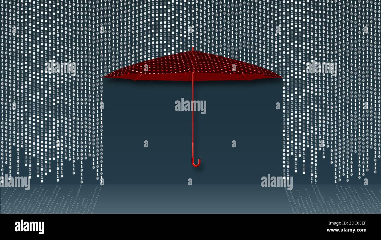 Transfert de données sous forme de lignes suspendues du code binaire dans le style d'une matrice sur un parapluie rouge de protection - arrière-plan sombre avec des réflexions sur le sol Banque D'Images