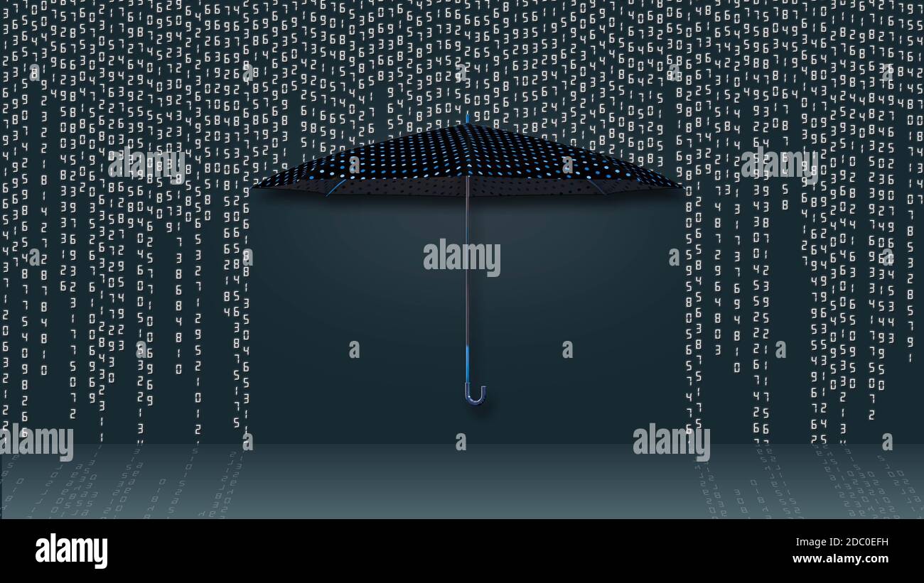 Transfert de données sous forme de lignes suspendues du code binaire dans le style d'une matrice sur un parapluie bleu de protection - arrière-plan sombre avec des réflexions sur le sol Banque D'Images
