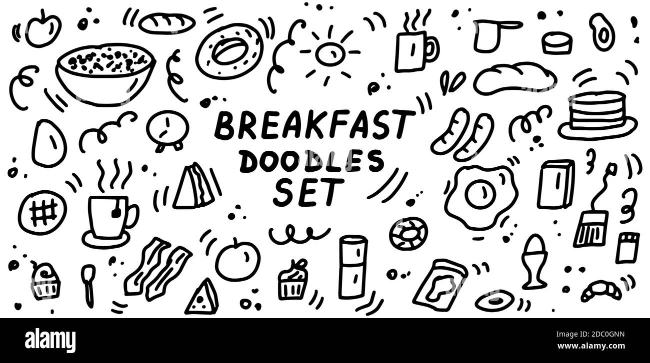 Ensemble d'icônes de petits-déjeuners. Collection d'icônes alimentaires dessinées à la main. Pour les restaurants, les cafés, le menu, les imprimés textiles, le web et la conception graphique Illustration de Vecteur