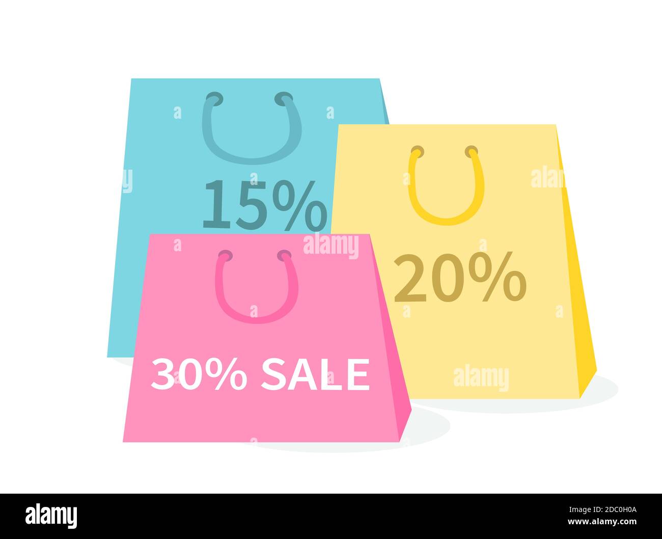 Vente, forfaits jaune, rose, bleu, sacs avec les rabais d'inscription. Illustration vectorielle dans une conception plate isolée sur un arrière-plan blanc. Illustration de Vecteur