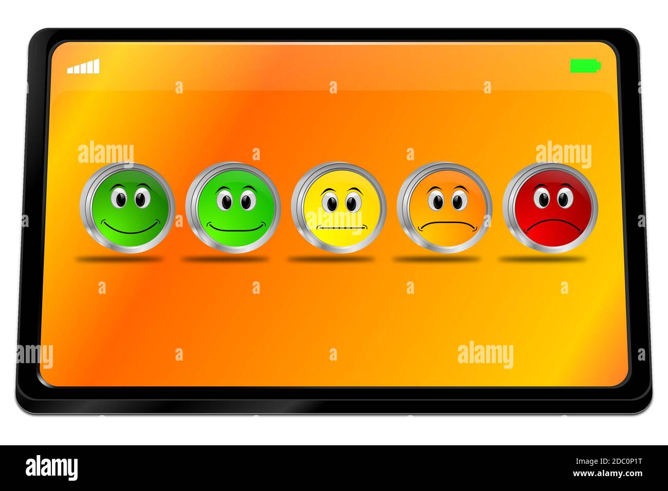 Tablette avec boutons de commentaires sur le bureau orange - illustration 3D Banque D'Images