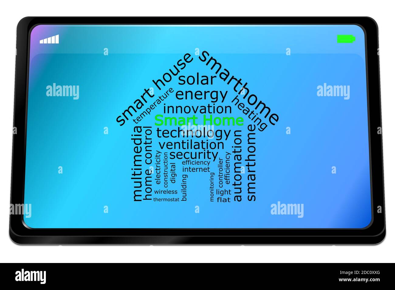 Tablette avec Smart Home Wordcloud sur un bureau bleu - illustration 3D Banque D'Images