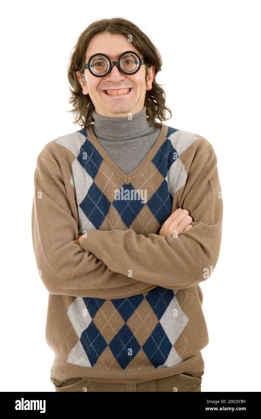 Geek homme isolé sur fond blanc Banque D'Images