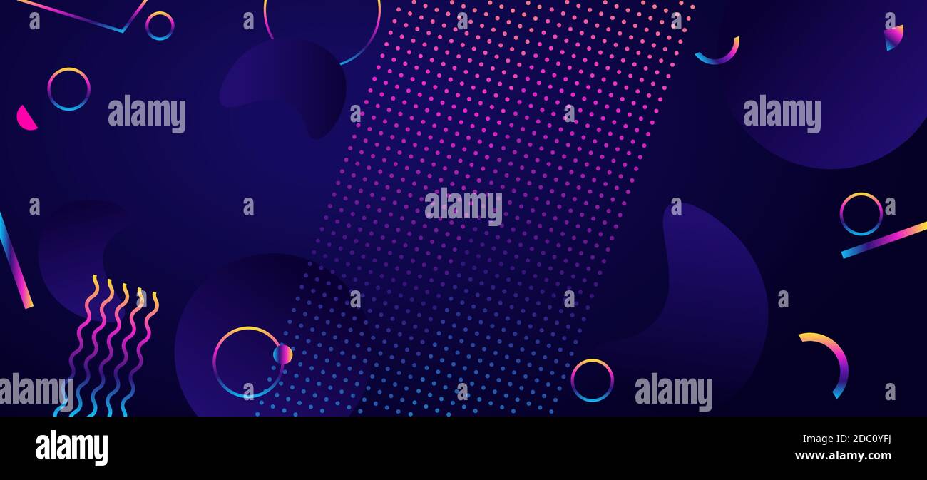 Arrière-plan abstrait dans un style futuriste moderne. Bannière aux formes géométriques chaotiques. Cercles et rayures arc-en-ciel sur fond sombre. Illustration de Vecteur