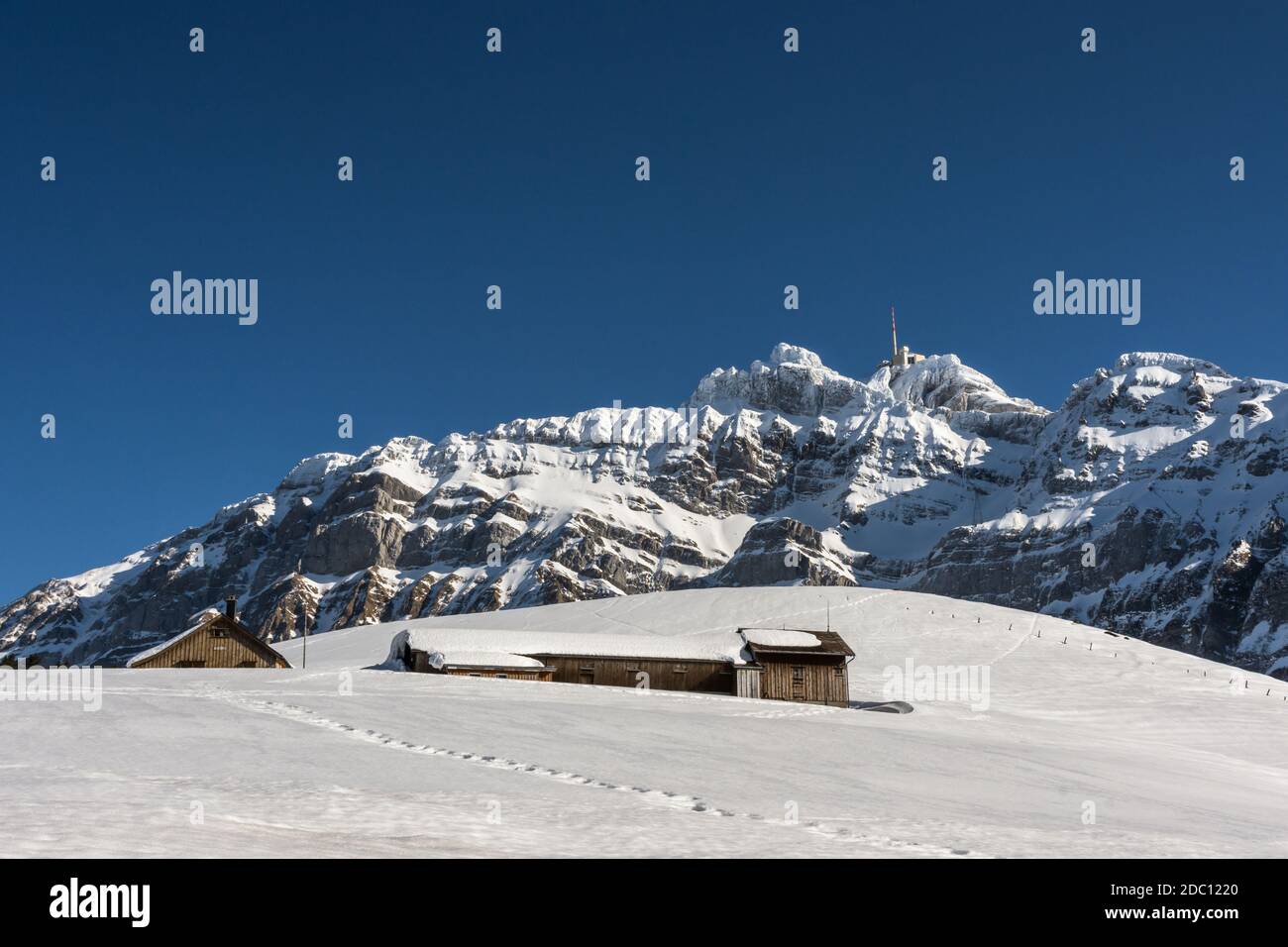 Petites cabanes de montagne sur un alp devant le massif de Saentis en hiver, canton d'Appenzell-Ausserrhoden, Suisse Banque D'Images