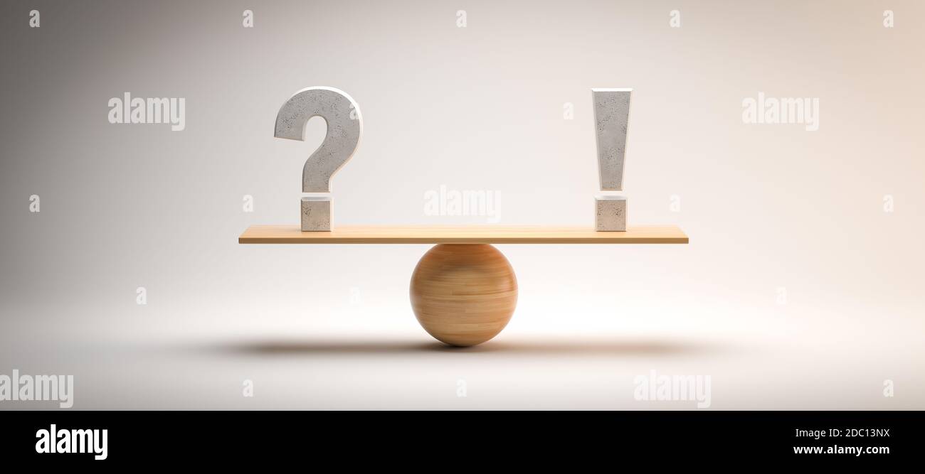 balance en bois équilibrant un point d'interrogation et un point d'exclamation sur fond blanc - illustration 3d Banque D'Images