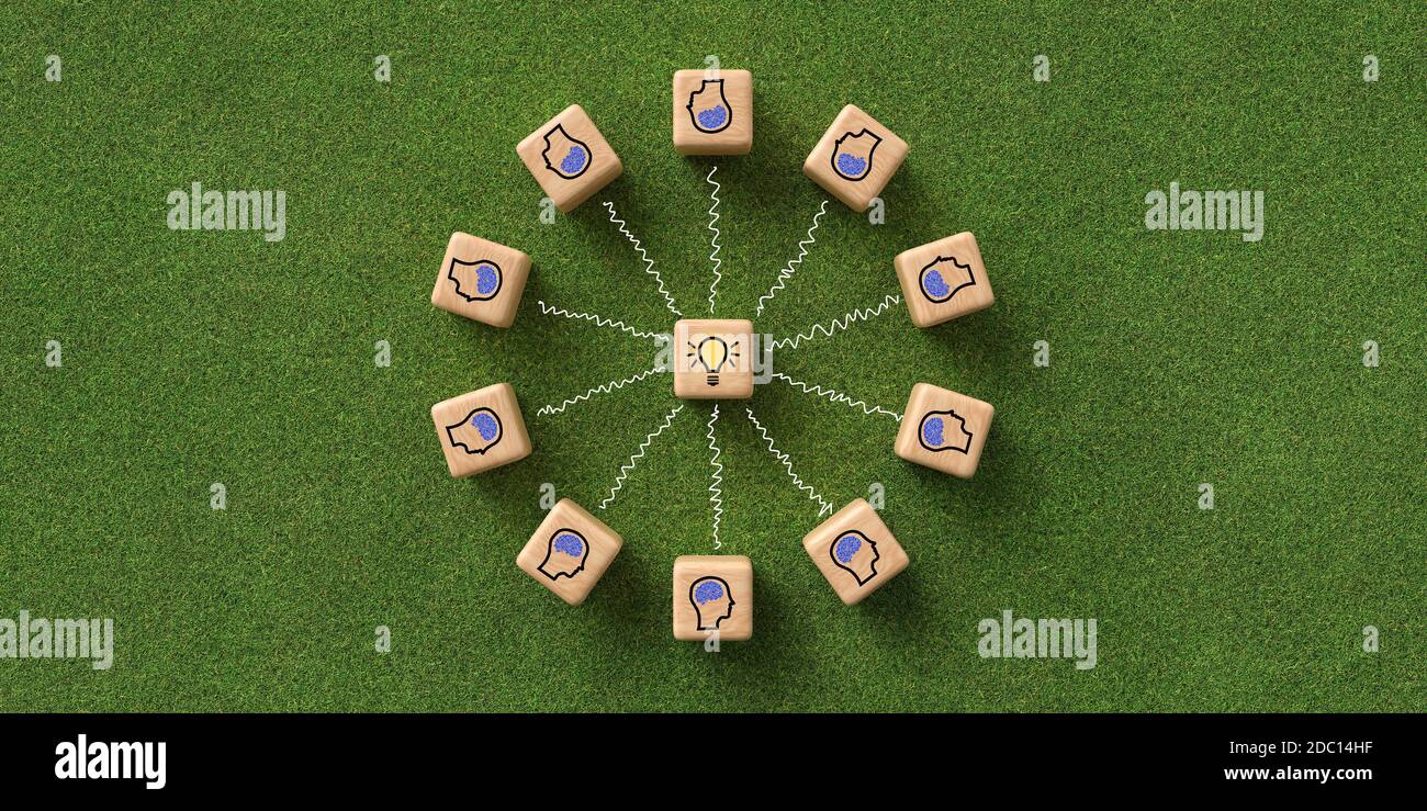 cubes montrant une session de brainstorming sur fond herbe - 3d illustration Banque D'Images