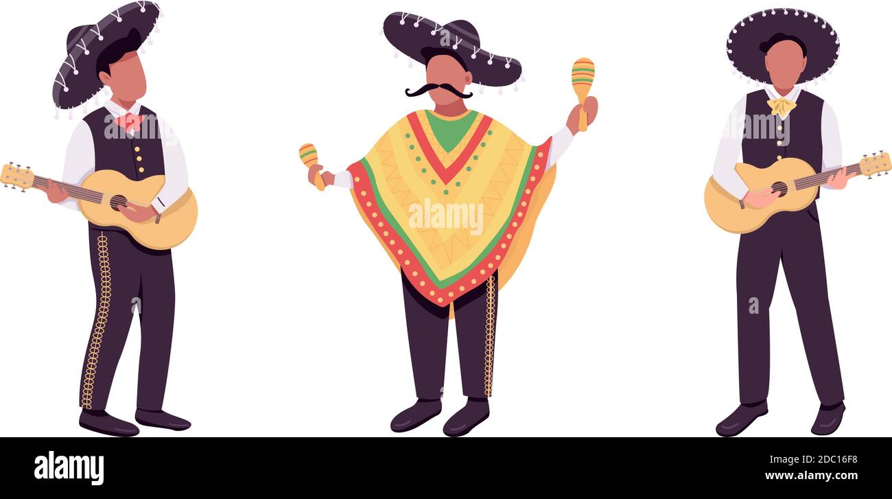 Jeu de caractères sans visage à vecteur couleur plat pour musiciens mexicains Illustration de Vecteur