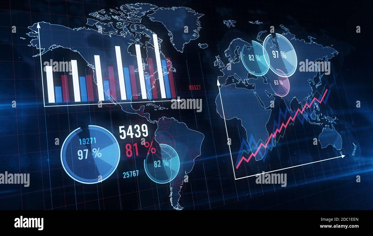 Illustration graphique 3d économie, commerce international et finance. Concept corporatif abstrait de la crise et de la récession mondiales. Carte du globe bleu en arrière-plan. Banque D'Images