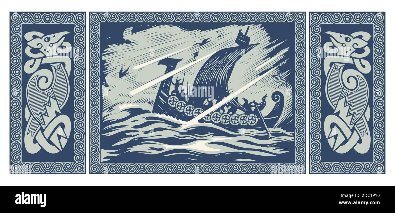 Design viking. Drakkar naviguant dans une mer orageux. Dans le cadre du motif scandinave Illustration de Vecteur